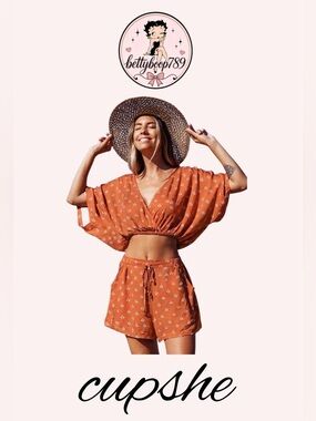 Cupshe Terracotta Orange Smocked Waist Crop Top & Drawstring Shorts Set/Cover Up